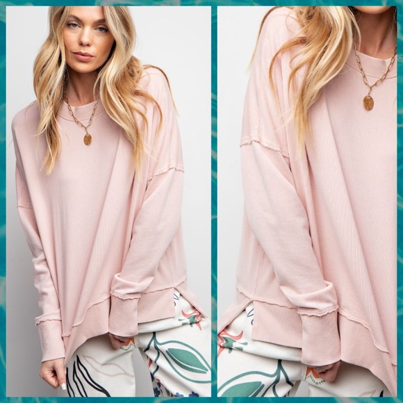 EASEL "SUPER COZY" Mineral Washed Distressed Seams Long Sleeved Top W/Side Slits - Picture 5 of 13